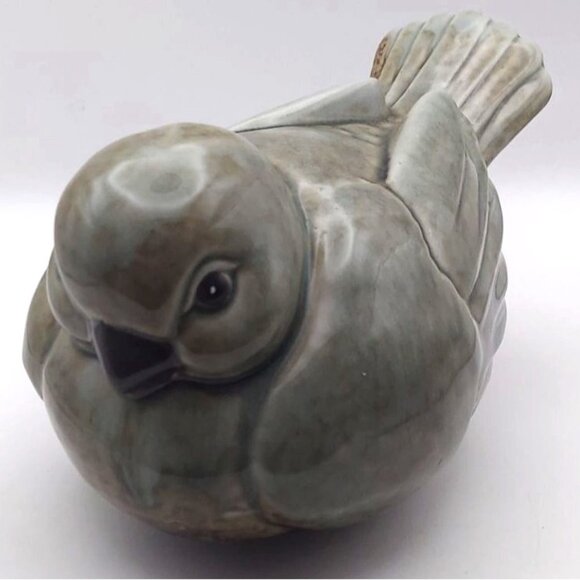 Glazed Ceramic Chubby Resting Bird Decorative Figurine Blue & Brown Home Decor - Picture 2 of 7